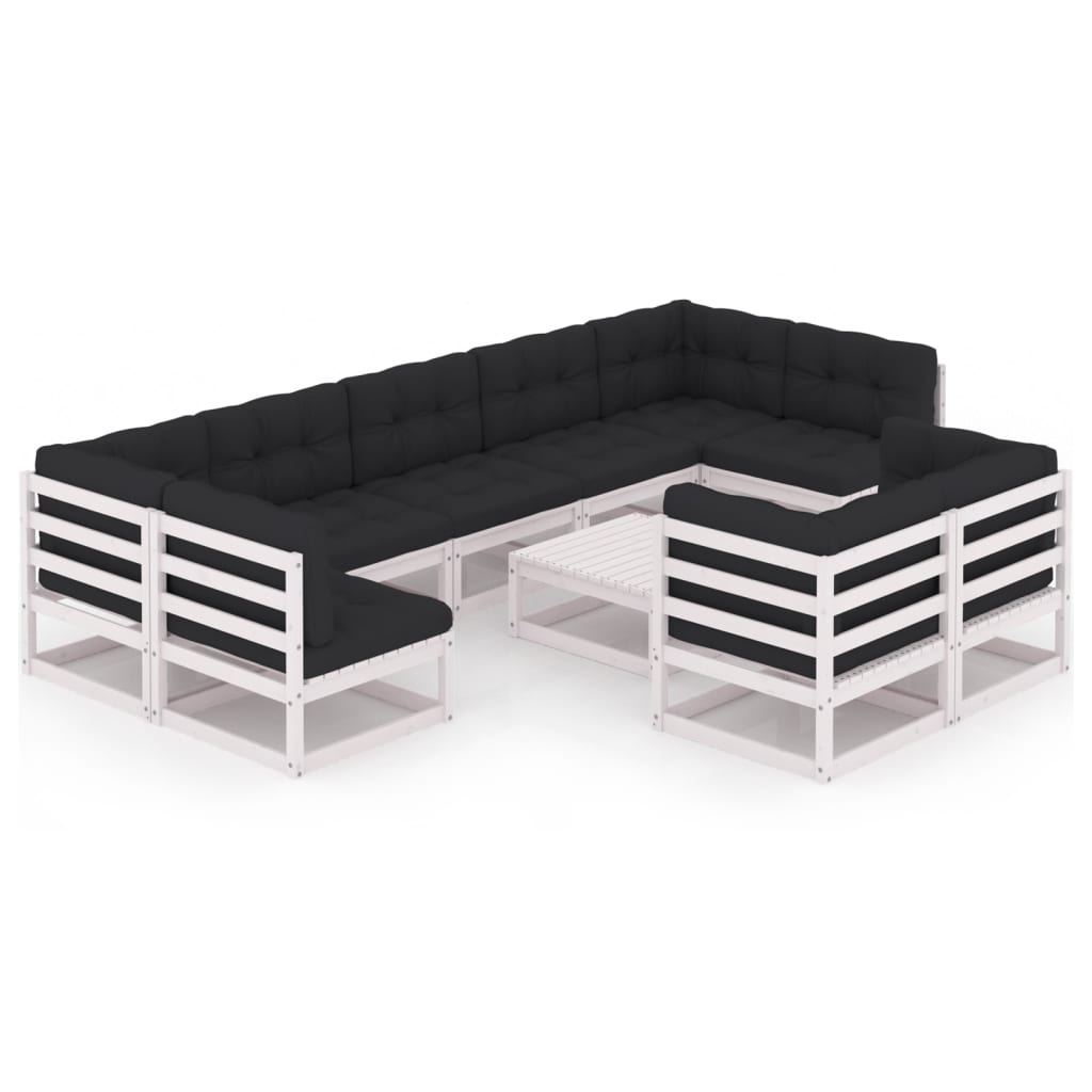10-tlg. Garten-Lounge-Set mit Kissen Weiss Kiefer Massivholz
